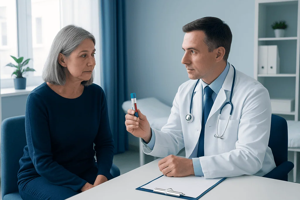 Doctor explaining blood test to senior woman in a medical consultation room.