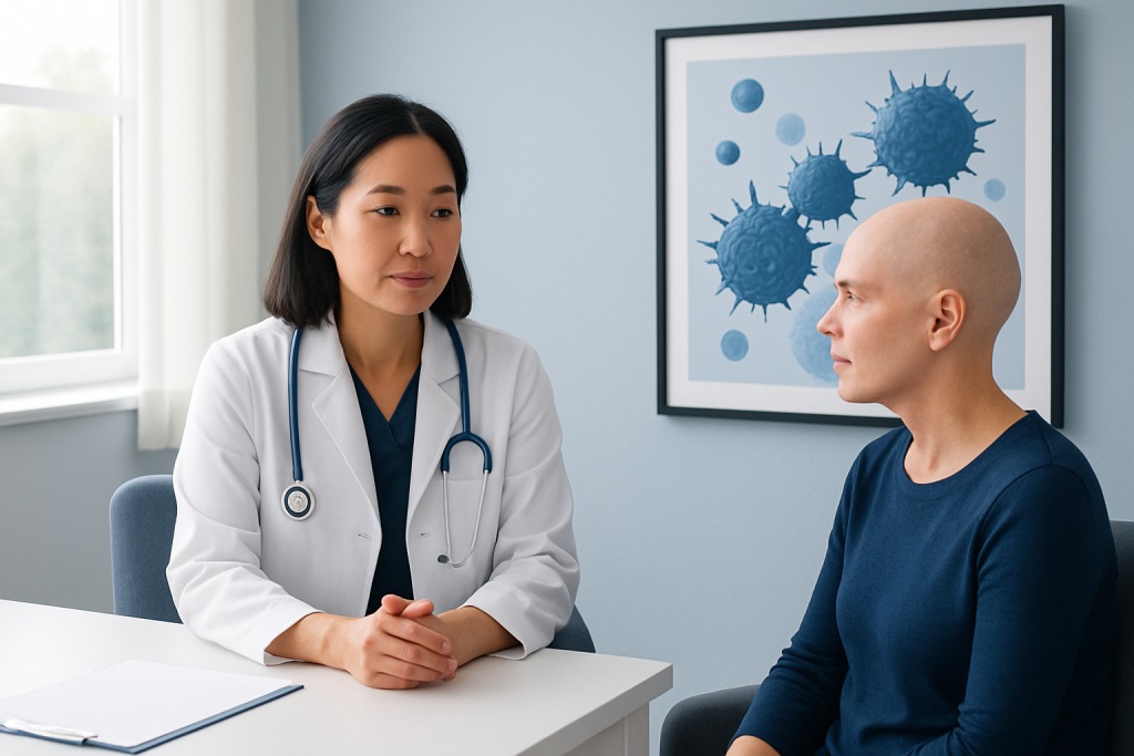 Doctor consulting a patient in a medical office with cancer cell illustration.