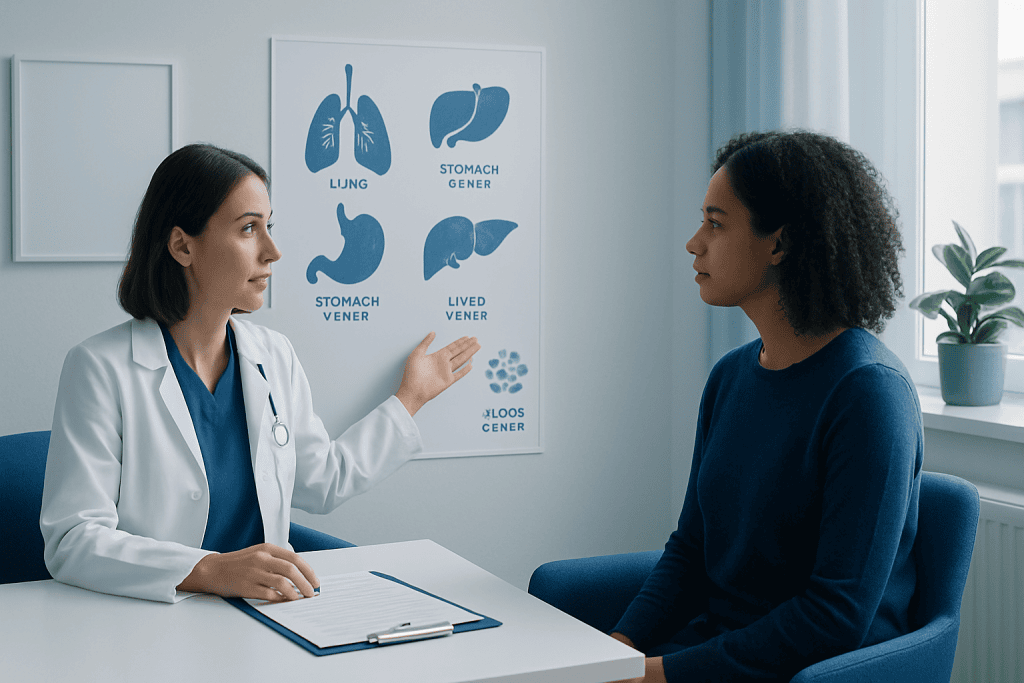 Doctor explaining liver and lung anatomy to patient in clinic setting.