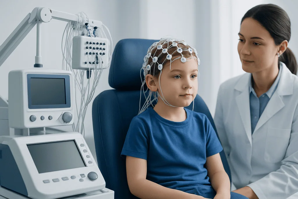 Child undergoing EEG test for epilepsy diagnosis in hospital.