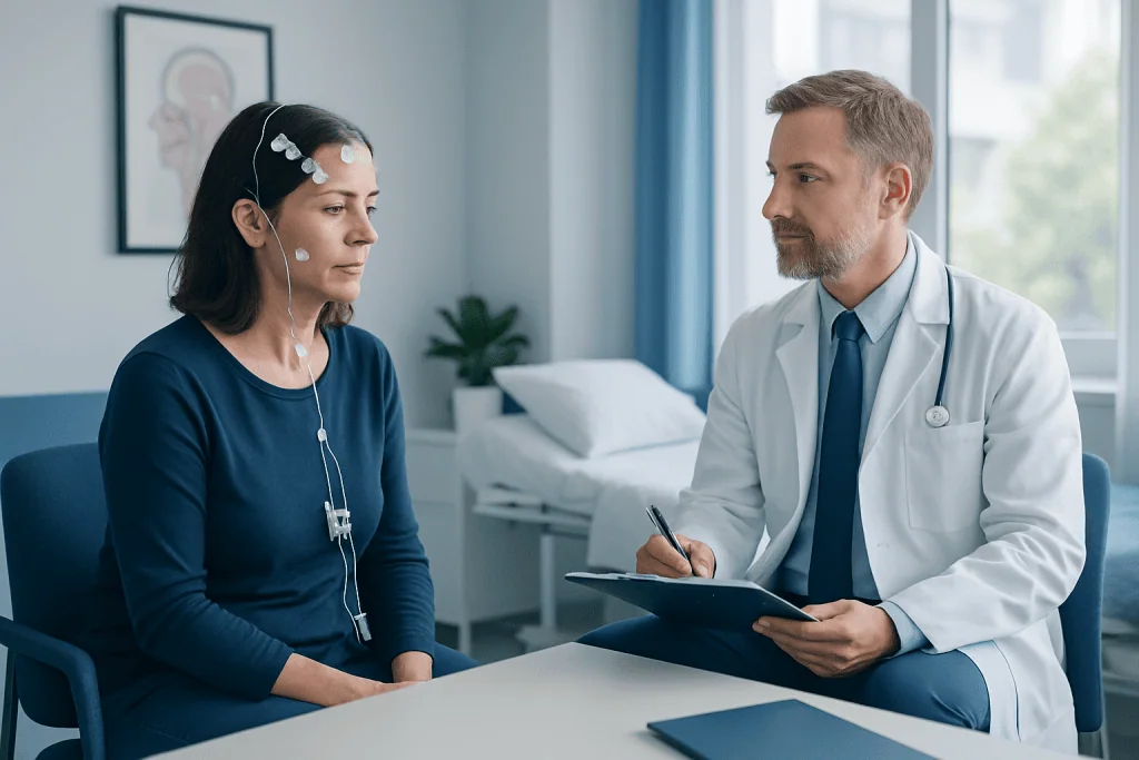 Doctor consulting with a patient during a sleep study evaluation at Acibadem Hospitals.