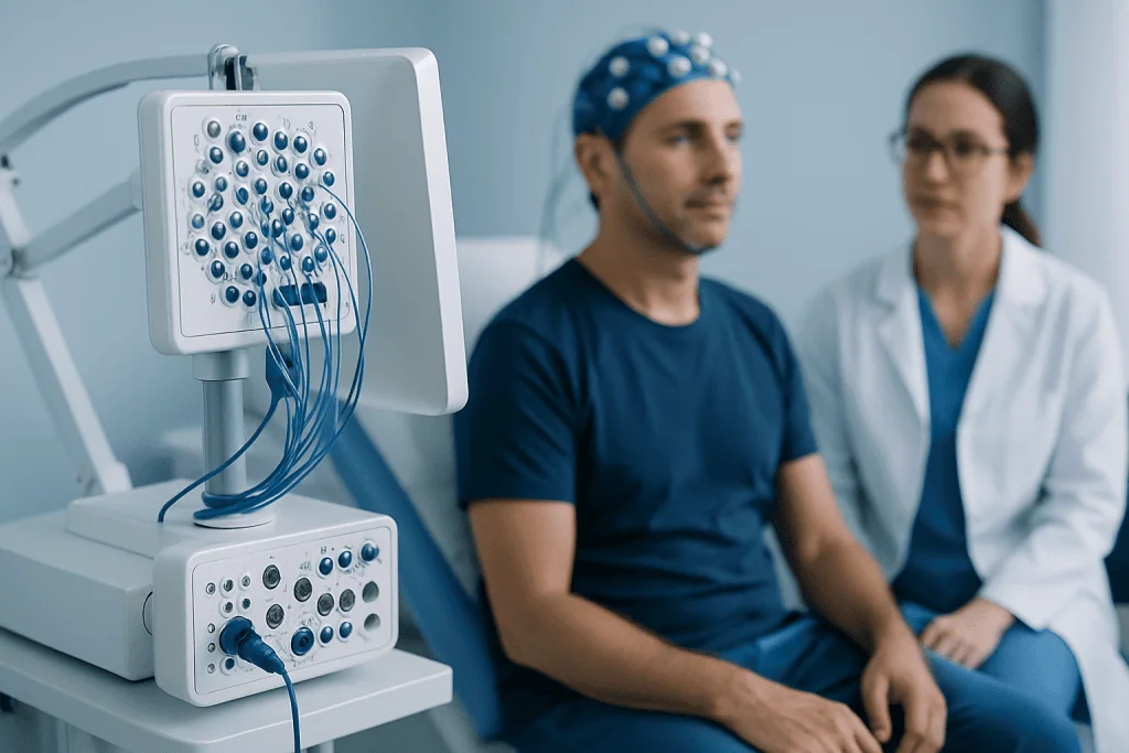 Neurophysiology testing equipment at Acibadem Hospital with medical professionals.