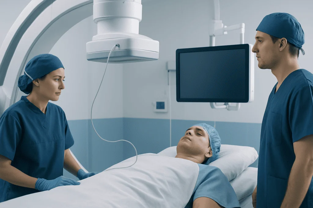 Medical team preparing patient for neuroendovascular procedure in hospital.