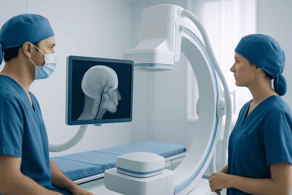 Endovascular neurosurgery team reviewing brain scan in hospital.