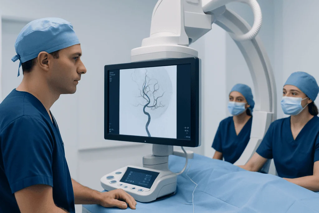 Interventional neurology team performing minimally invasive brain procedure.