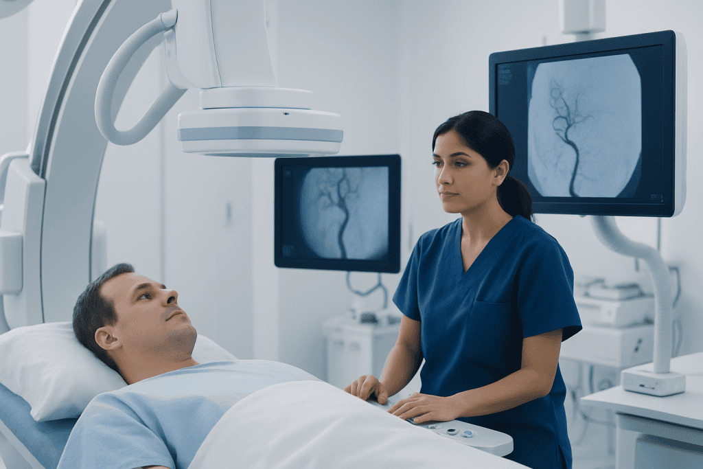 Interventional radiologist explains endovascular procedure to patient in hospital.