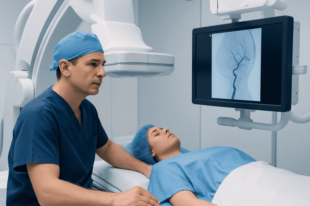 Interventional radiologist monitors brain angiogram during treatment.