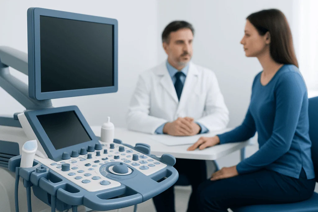 Doctor and patient in consultation with ultrasound machine in clinic.
