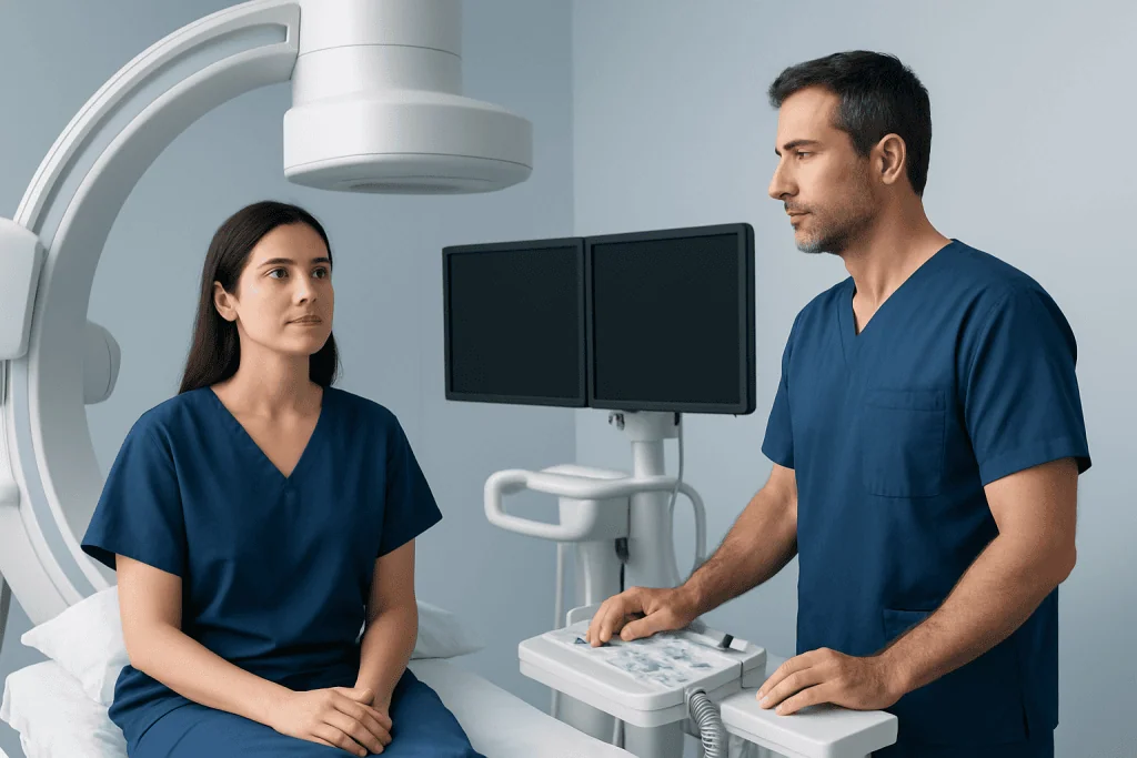 Medical professionals using ultrasound equipment in a hospital room.