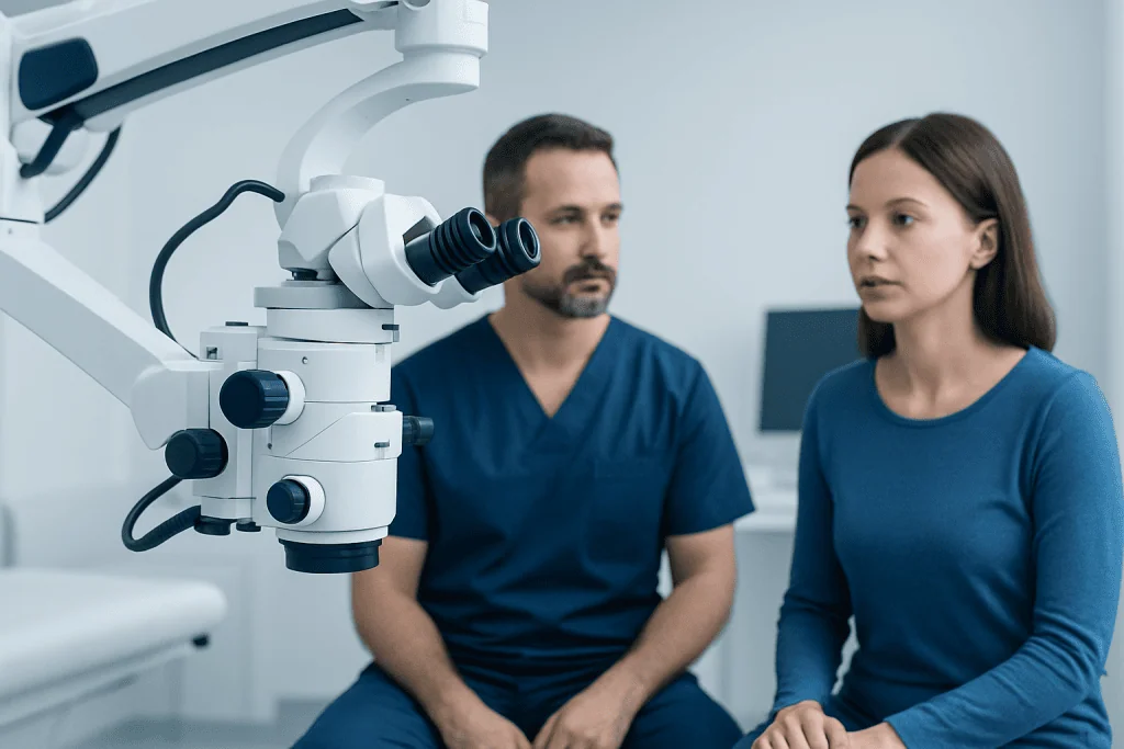 Medical professionals discussing brain surgery options in a clinical setting.