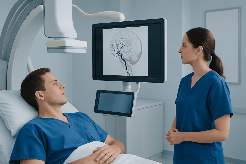 Patient undergoing brain vessel imaging at Acibadem Hospital in Turkey.