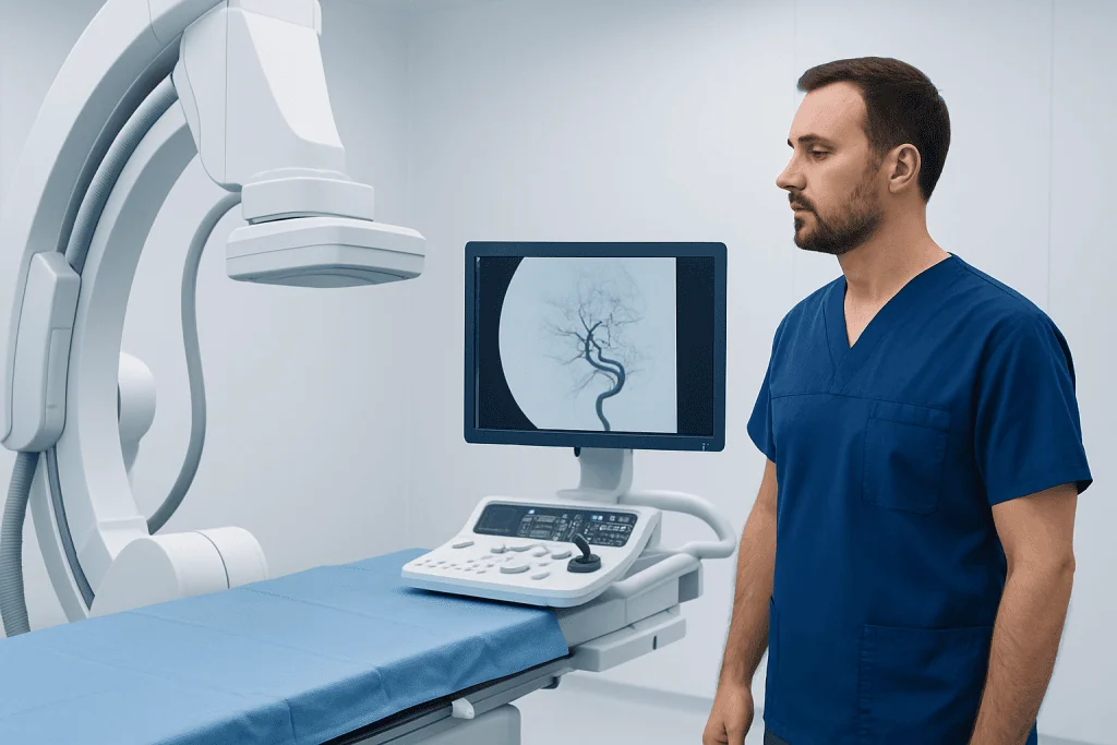 Interventional neurology procedure in a modern hospital setting.