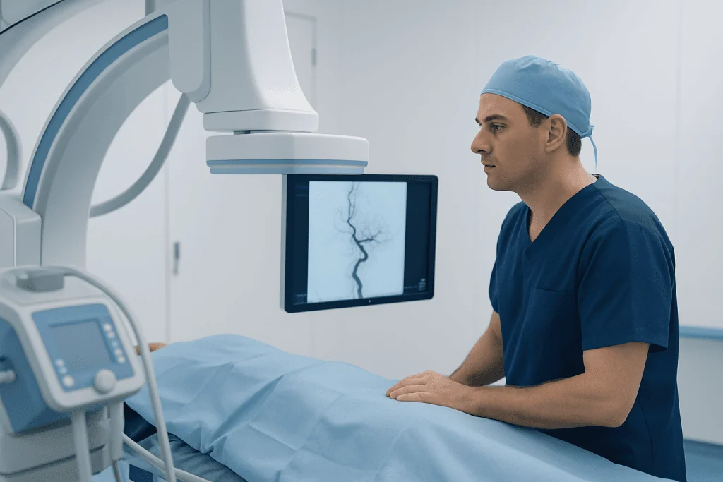 Interventional neurologist monitoring brain imaging during a procedure at Acibadem Hospital.