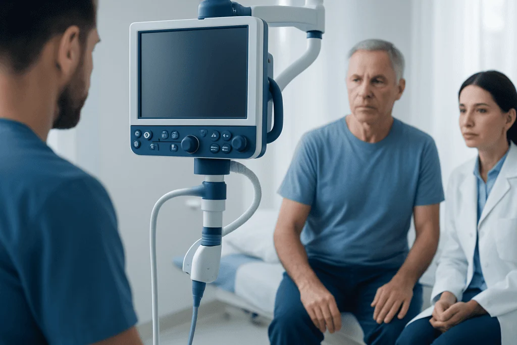 Doctor explaining movement disorder to patient in hospital setting.