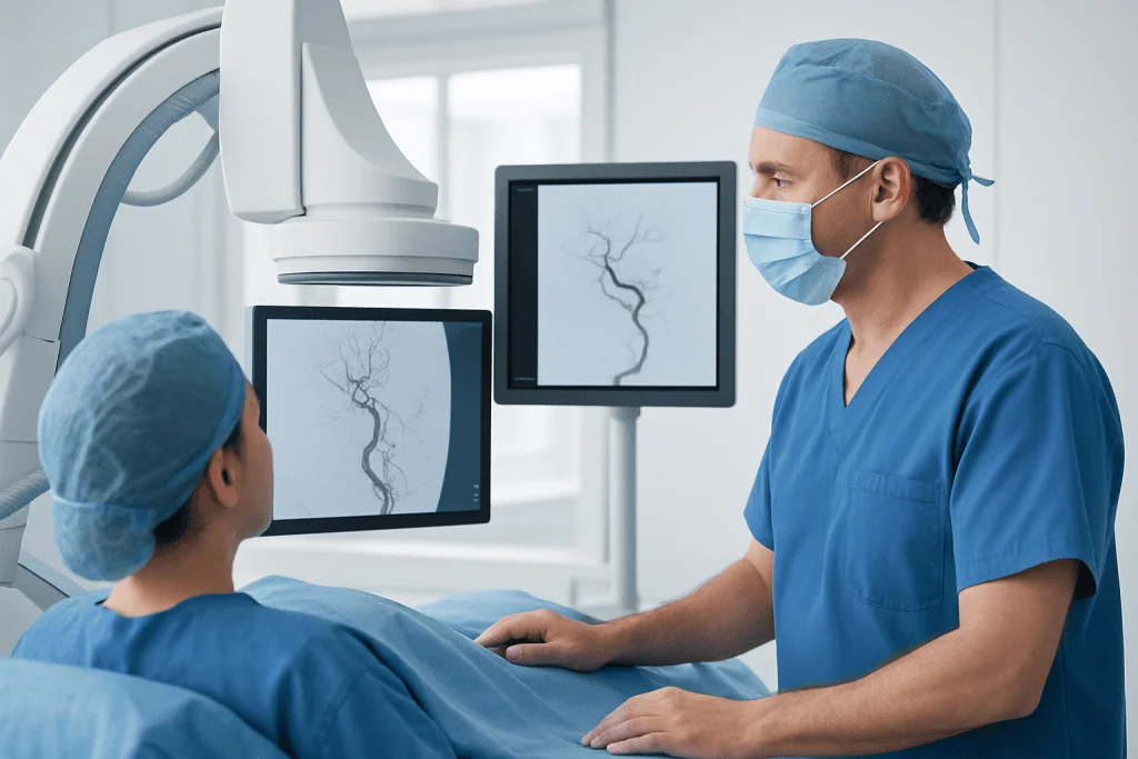 Interventional neuroradiologist discussing brain imaging with a patient in a hospital.