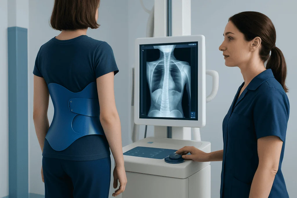 Patient undergoing scoliosis assessment with X-ray imaging at Acibadem Hospital.