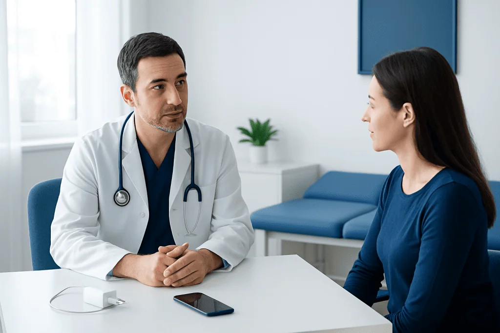 Doctor consulting with a female patient in a modern clinic setting.