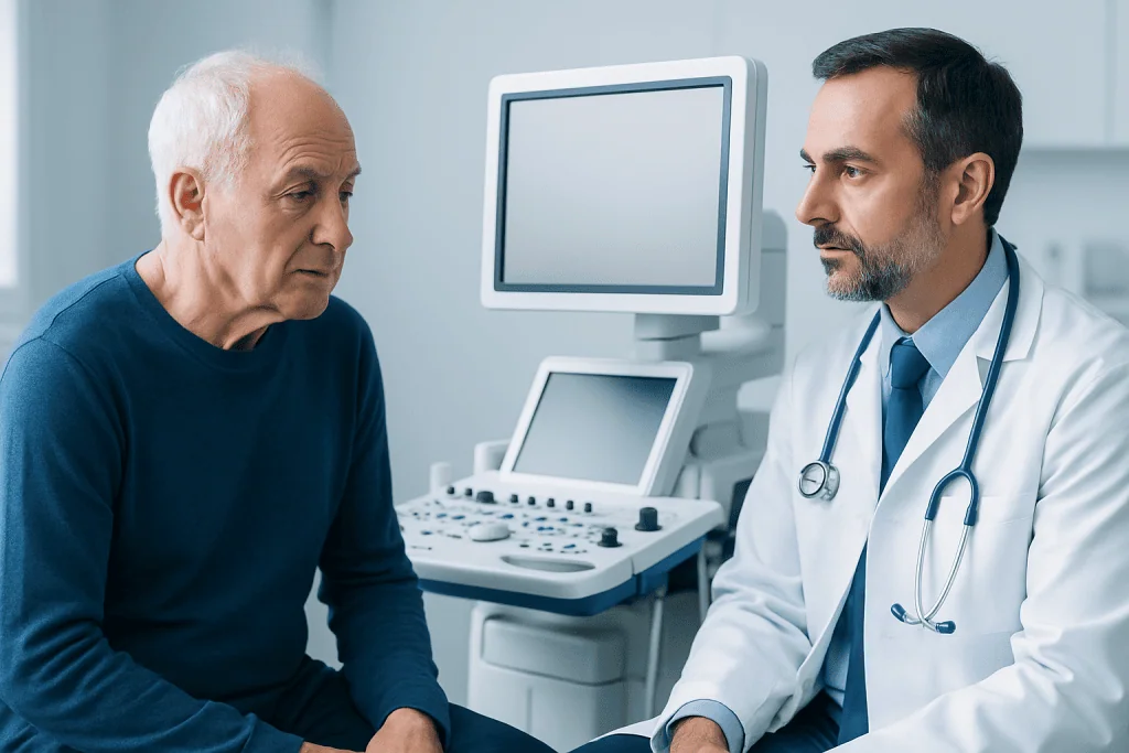 Doctor consulting elderly patient in a medical examination room.