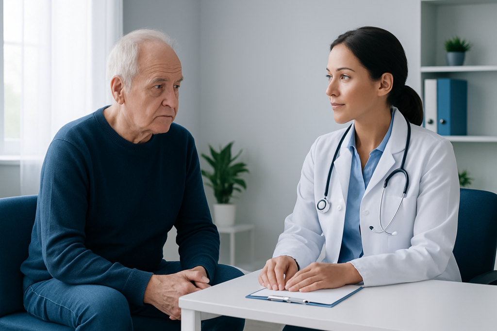 Doctor consulting with elderly patient in a medical office setting.