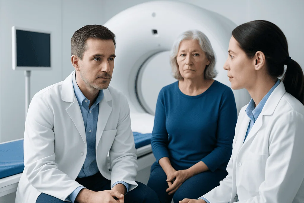Doctor consulting with elderly patient in medical imaging room.