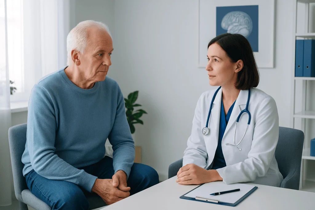 Doctor consulting with elderly patient about cognitive health in clinic.