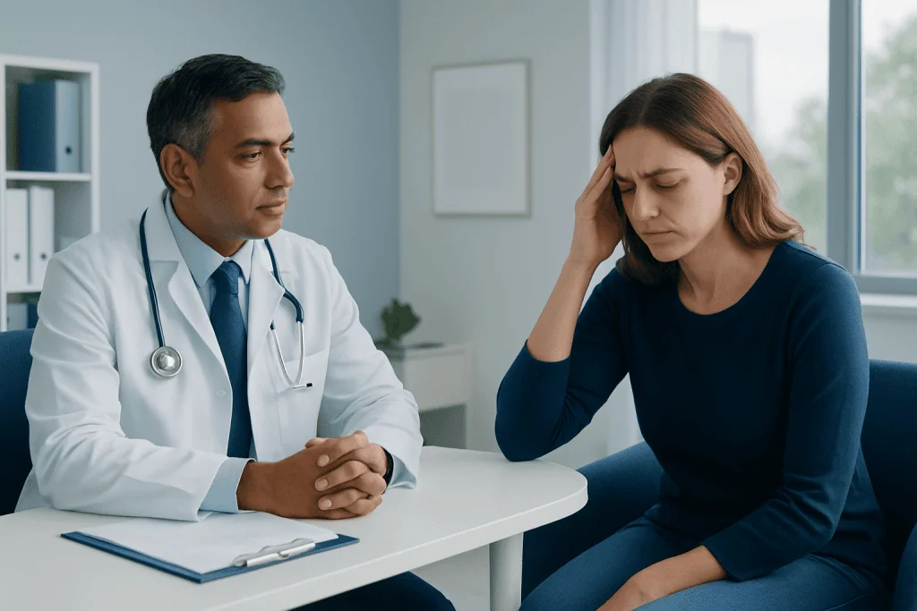 Doctor consulting with a woman experiencing headache symptoms in a clinic setting.