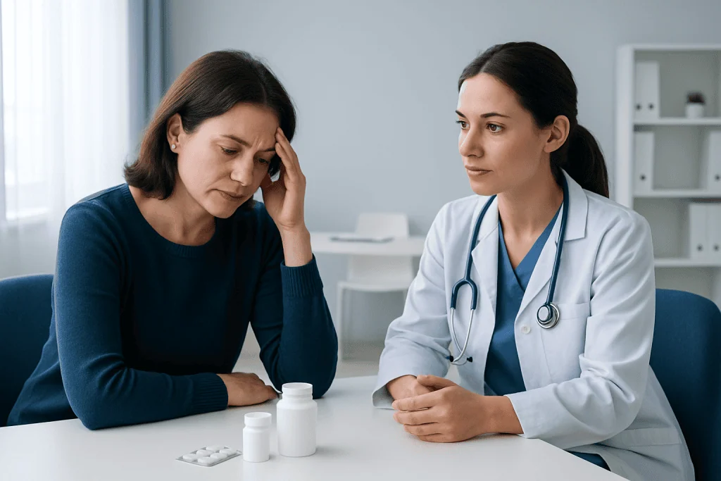Woman consulting doctor about headache relief options in a medical office.