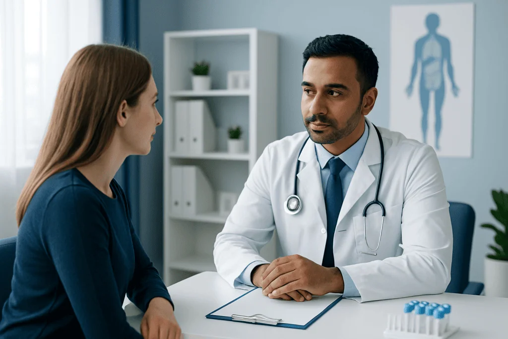 Doctor consulting with a female patient in a modern medical office.