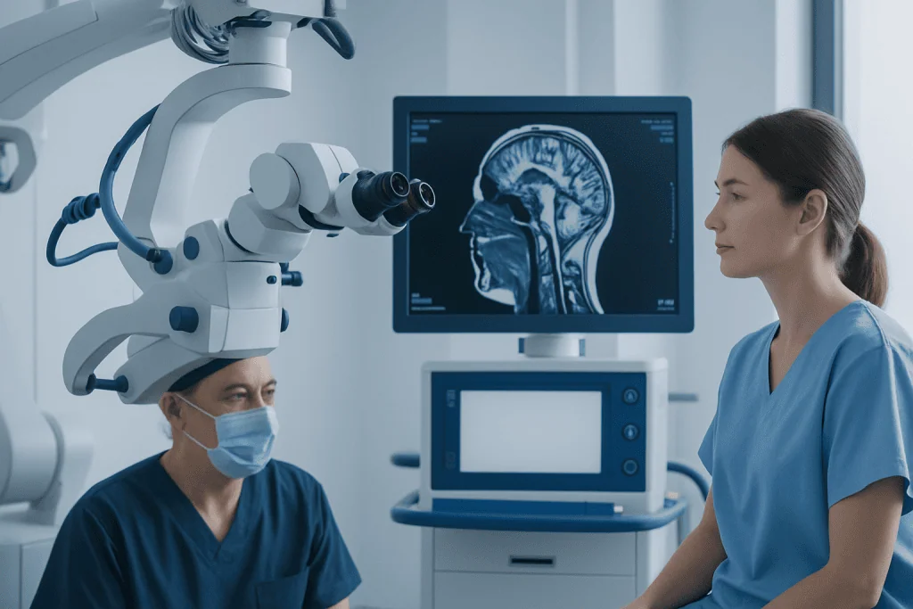 Neurosurgeon and assistant reviewing brain MRI scan in hospital.