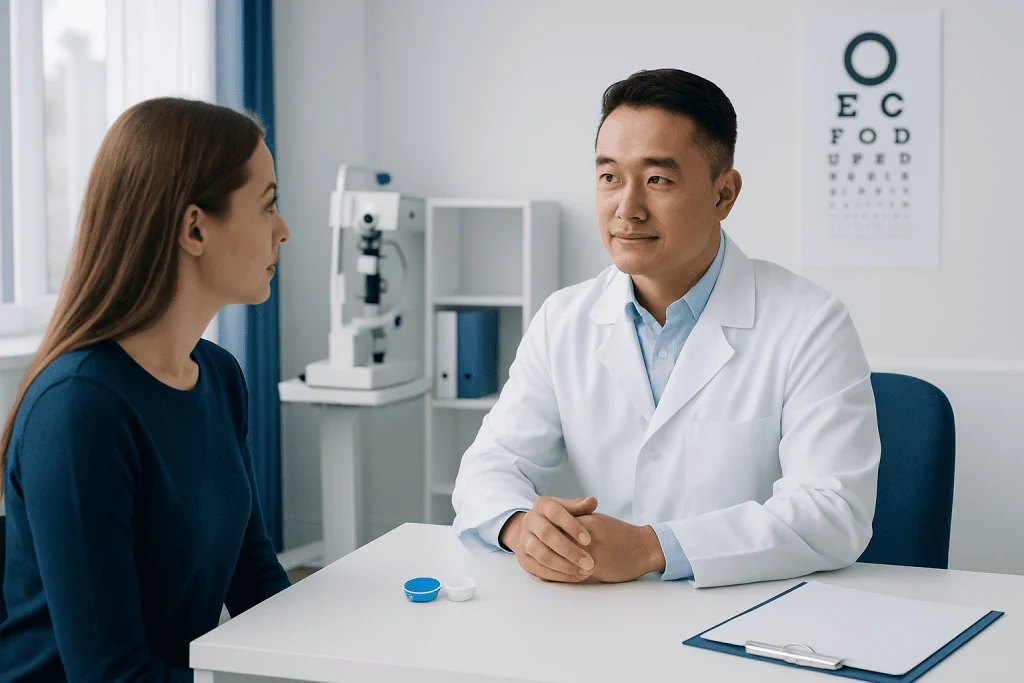 Optometrist consulting with a patient about contact lenses in a clinic setting.