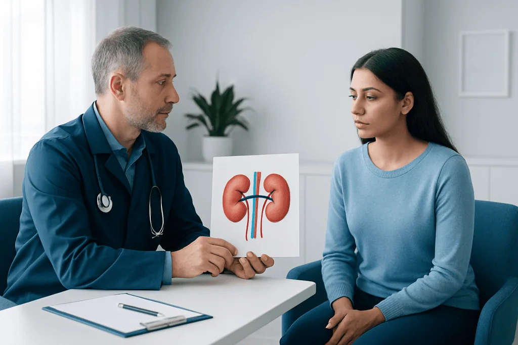 Doctor explaining kidney health to patient with kidney diagram.