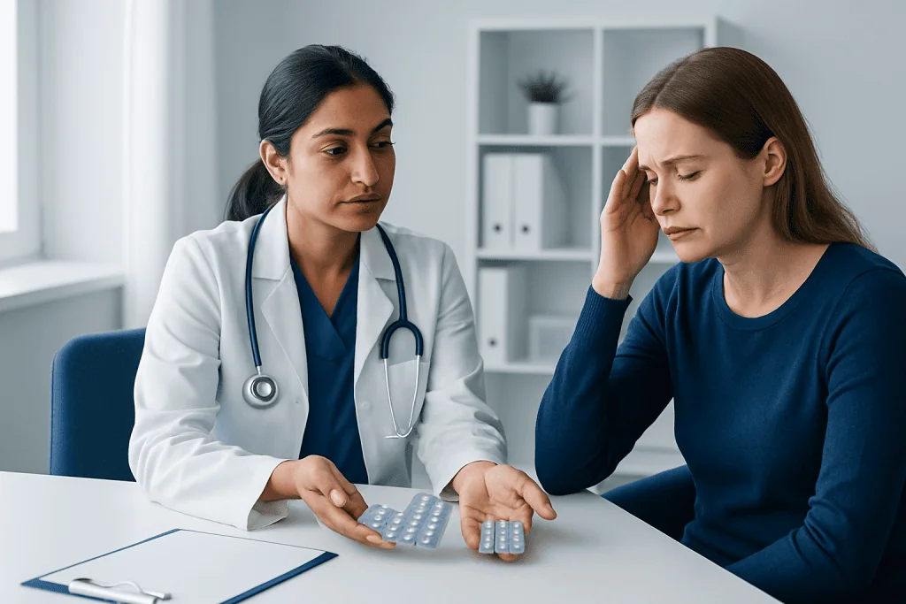 Doctor advising a patient on headache medication options at Acibadem Hospitals.