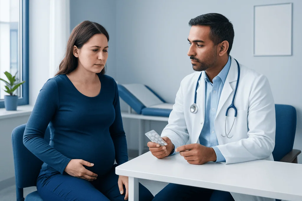 Doctor consulting pregnant woman in a medical office.