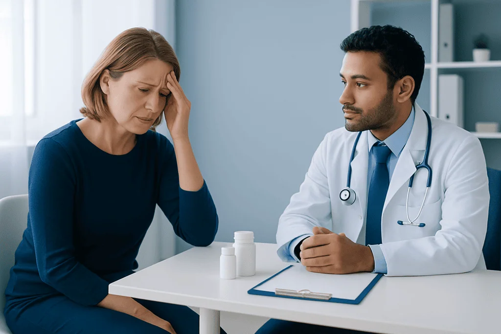 Doctor consulting with a woman experiencing headache in a medical office.