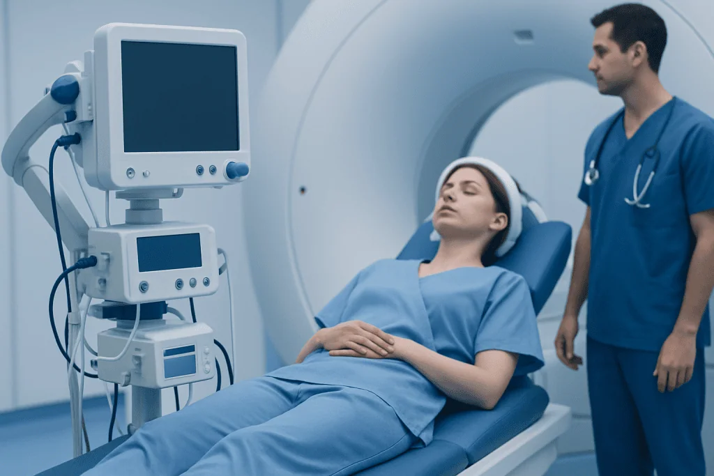 Patient undergoing MRI scan at Acibadem Hospital for diagnostic imaging.
