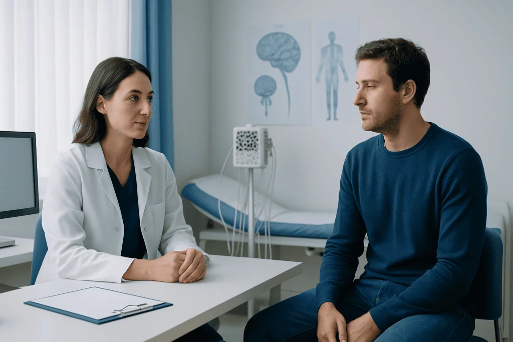 Doctor consulting patient in neurology clinic at Acibadem Hospital.