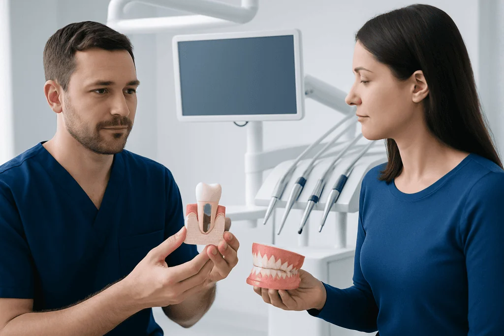 Dentist explaining dental implants and dentures to patient in clinic.