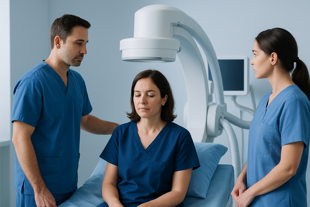 Medical professionals preparing a patient for a diagnostic scan at a hospital.
