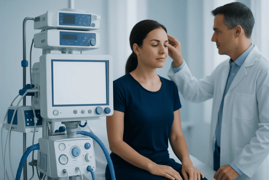 Doctor examining patient in a medical consultation room with medical equipment nearby.