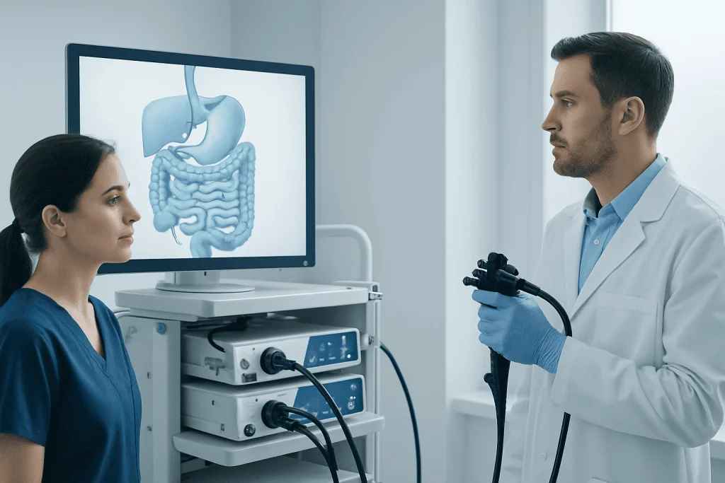 Gastroenterologist explains digestive system to patient using endoscopy equipment.