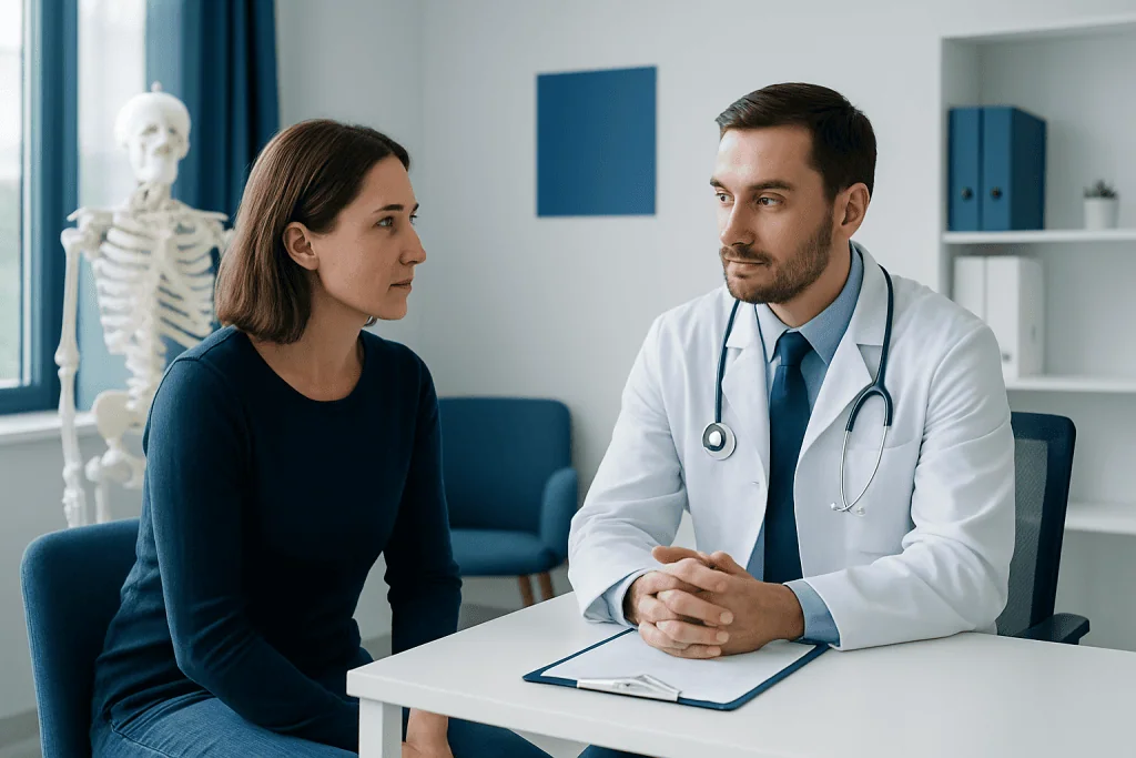 Doctor consulting with a female patient in a medical office setting.
