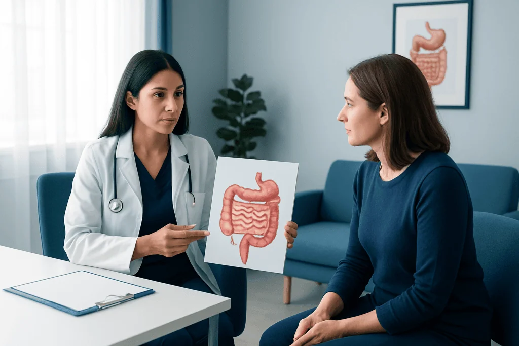 Doctor explaining nutrient absorption to patient with digestive system diagram.