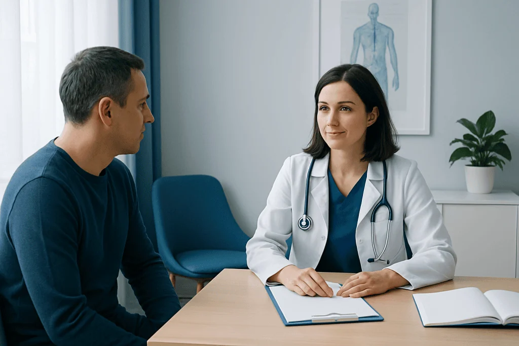 Doctor consulting with patient in a medical office setting.