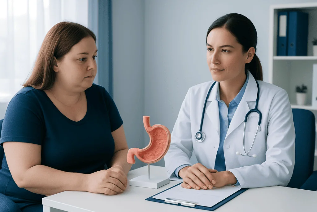 Doctor explaining stomach surgery to a patient in a consultation room.