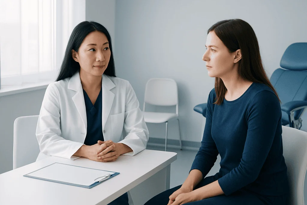 Doctor consulting a patient in a modern medical clinic setting.