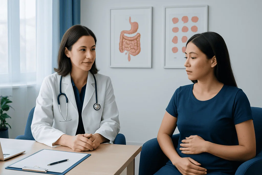 Doctor consulting patient about gut health and skin connection in clinic.