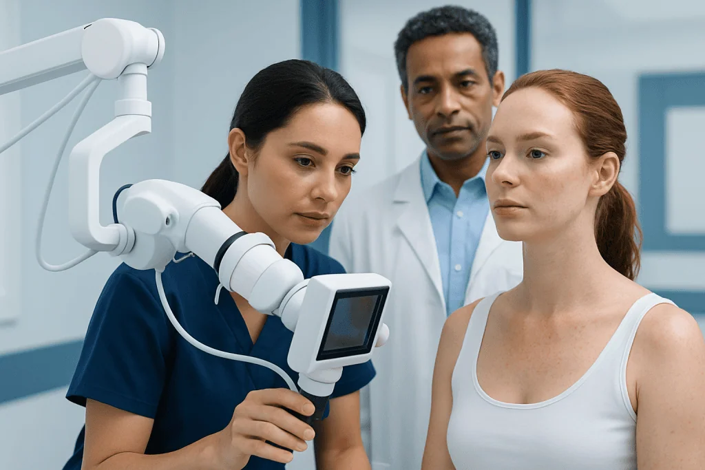 Dermatologist examining a patient's skin with a dermatoscope in a clinical setting.