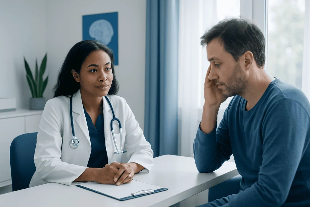 Doctor consulting with patient about sleep disorder symptoms in a clinic.