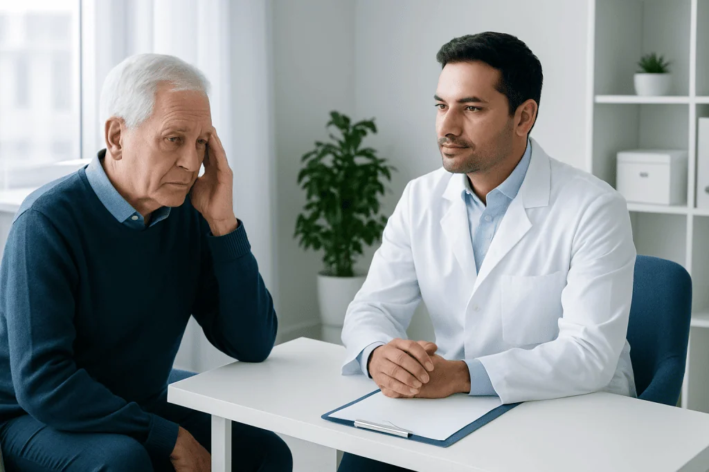 Doctor consulting with elderly patient about memory loss symptoms.