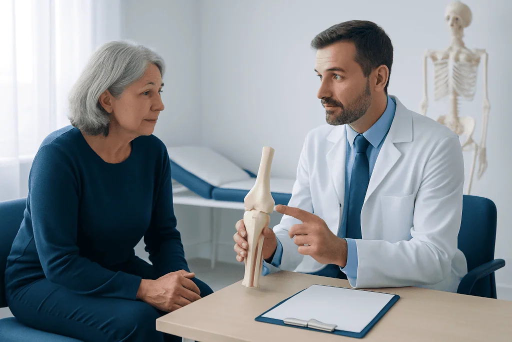 Orthopedic doctor explaining knee joint issues to an elderly woman.